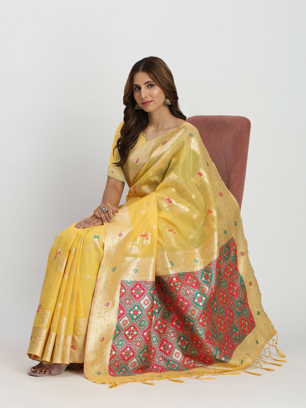 Shree Shyam Fashion Linen Cotton Yellow Saree - Distacart