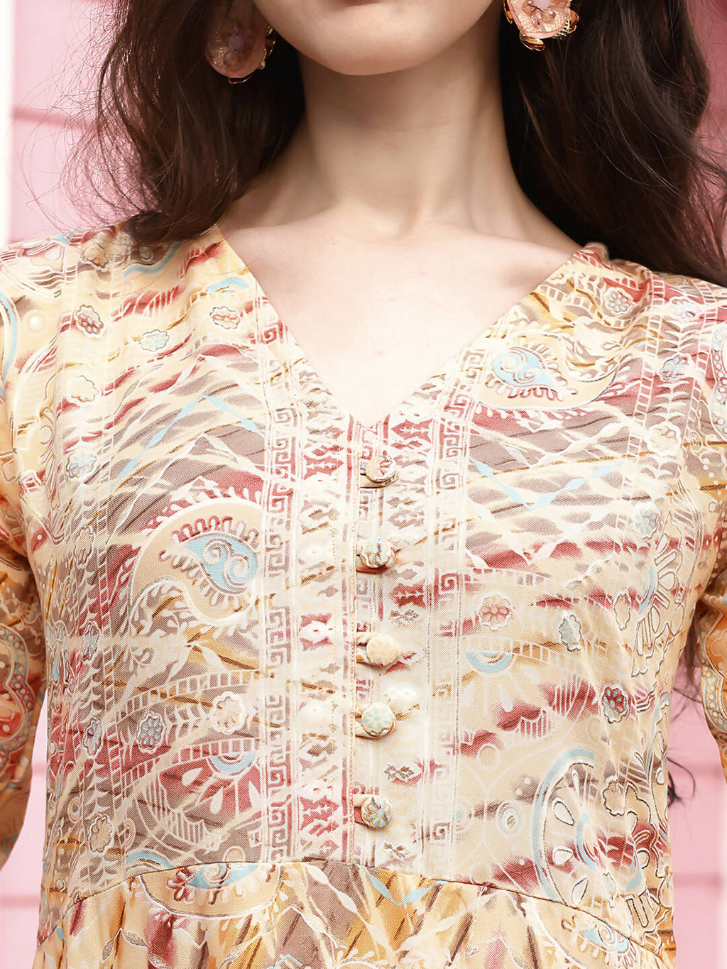 Peach Rayon Foil Printed Long Dress - Michan - Distacart