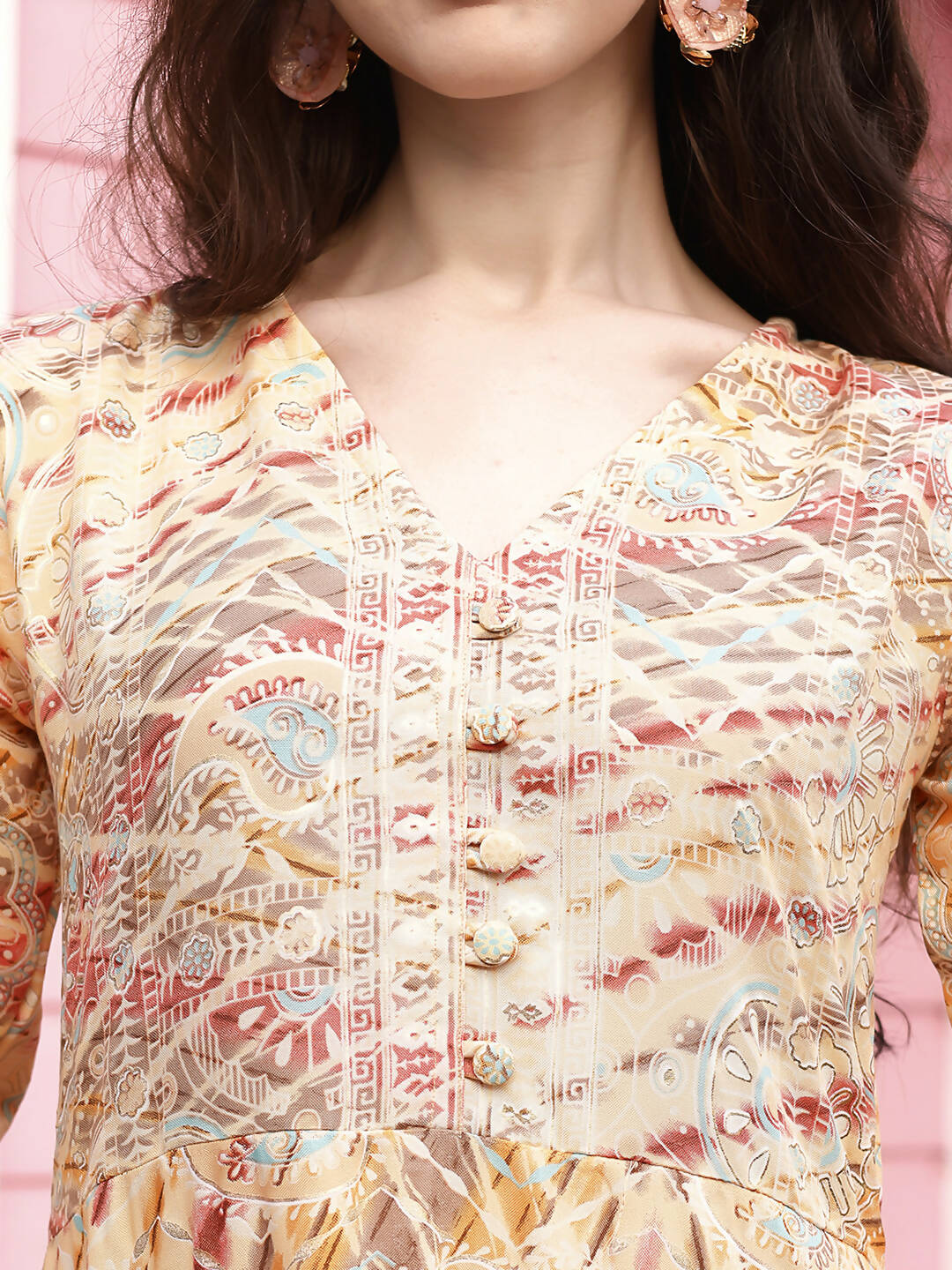 Peach Rayon Foil Printed Long Dress - Michan - Distacart