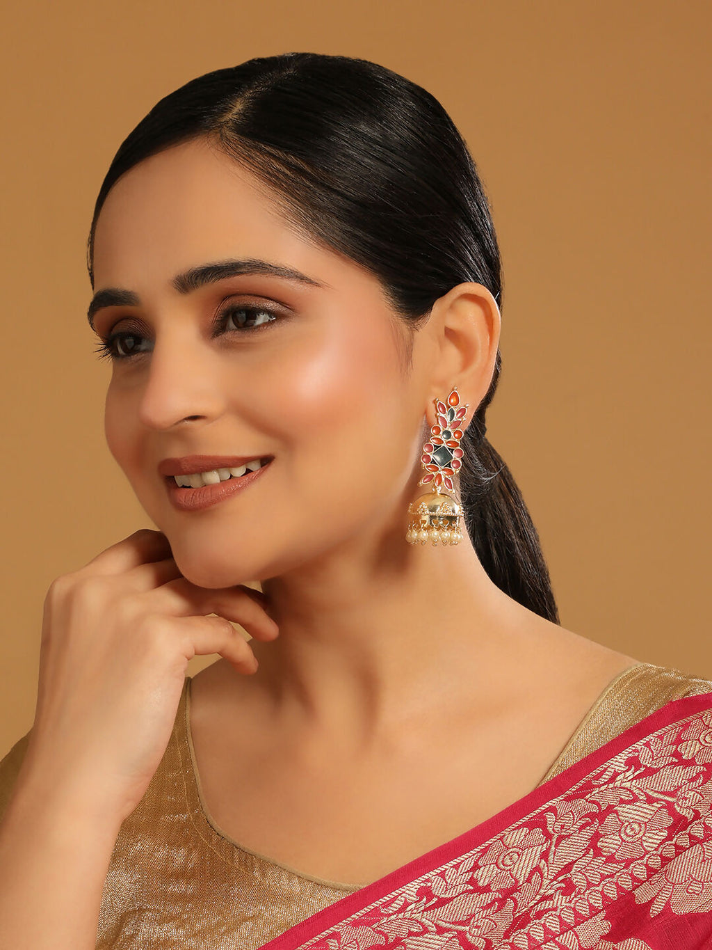 Nuyug 22K Gold-Plated Enamel & Beaded Dome Shaped Jhumka Earrings - Distacart
