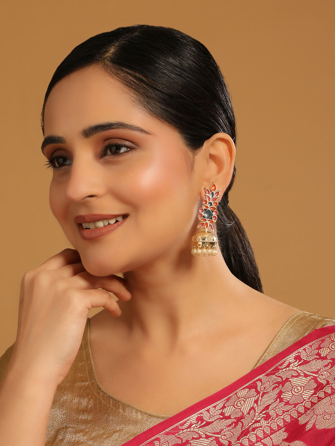 Nuyug 22K Gold-Plated Enamel & Beaded Dome Shaped Jhumka Earrings - Distacart