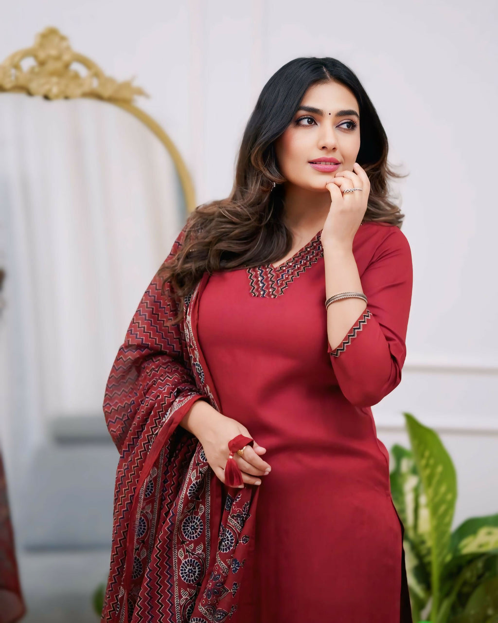 The52 Maroon Women's Gorgeous Parampara Fabric Embroidered Work Straight Kurta Pant and Dupatta Set - Distacart