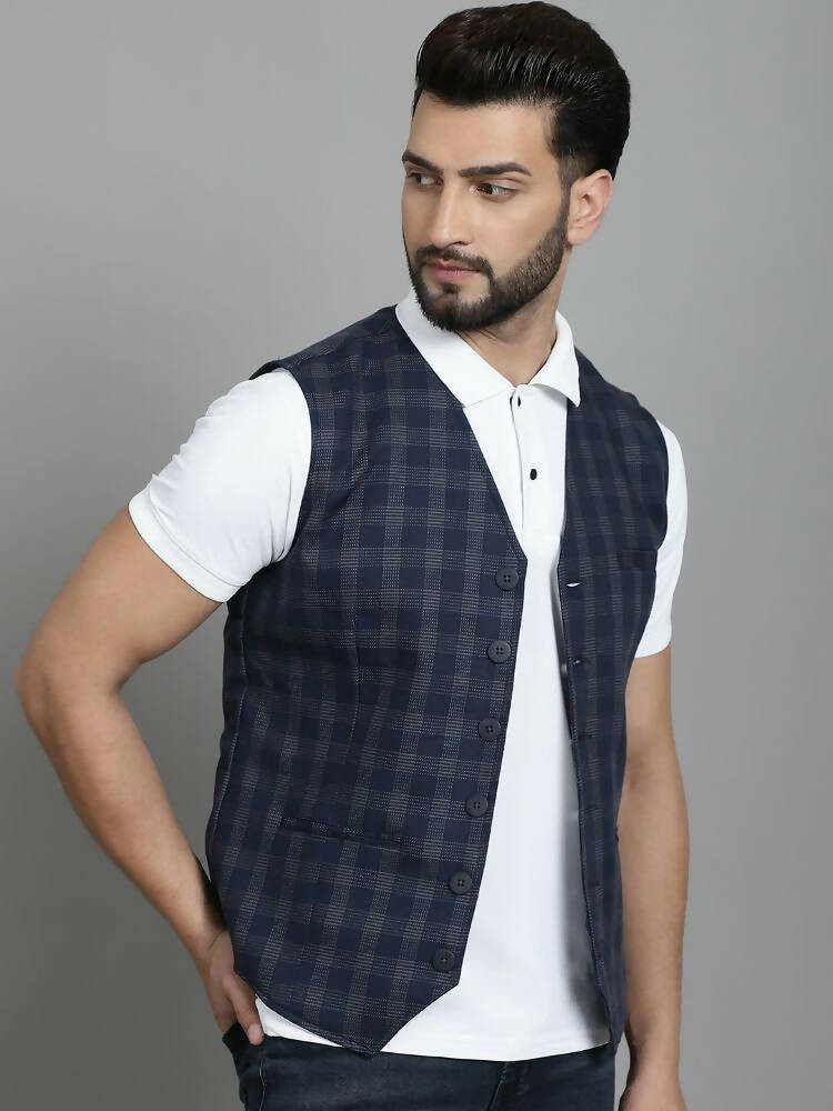 Even Apparels Checked Waistcoat With Welt Pockets - Navy Blue