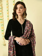 Myshka Women's Black Velvet Kurta & Trousers With Dupatta Party Sets
