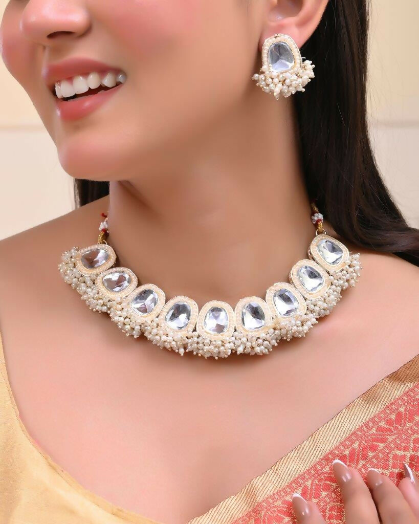 VOJ Gold-Polished Kundan Studded Choker And Earrings Set
