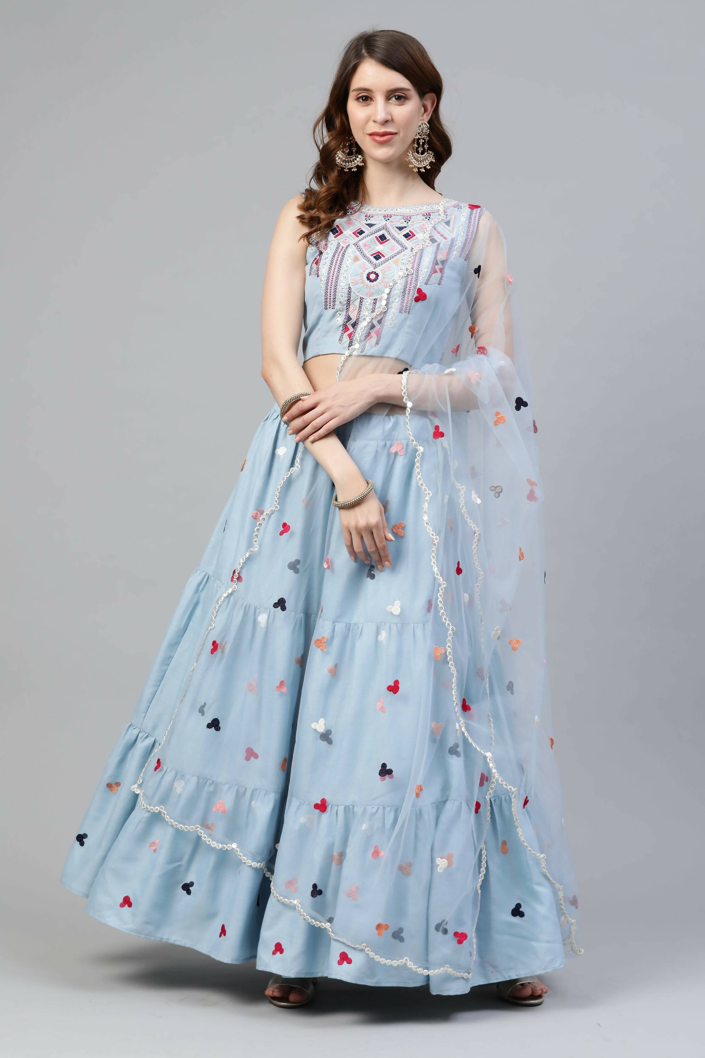Sky Blue Cotton Embroidered Work Lehenga Choli with Dupatta - Jivika