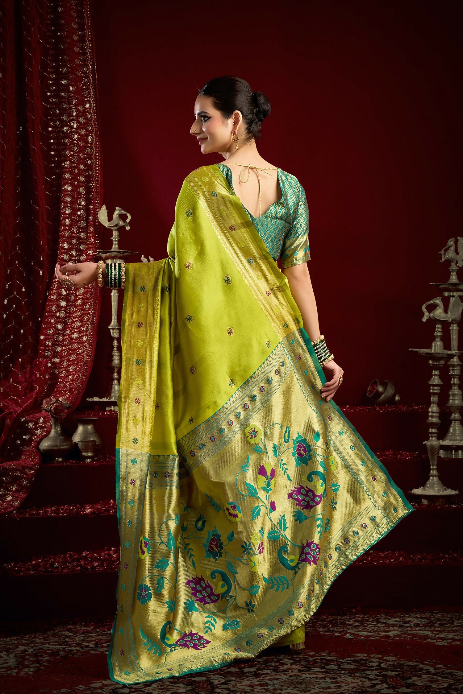 Joban Fashion Mustard Green Paithani Silk Blend Butti Saree - Distacart