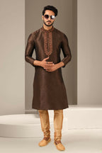 Raivat Ethnic Banarasi Art Silk Mirror Work Kurta Pajama In Brown Colour - Distacart