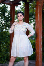 Aayaa Designer Multi Thread Hand Work Khadi Cotton One Piece Dress - Off White