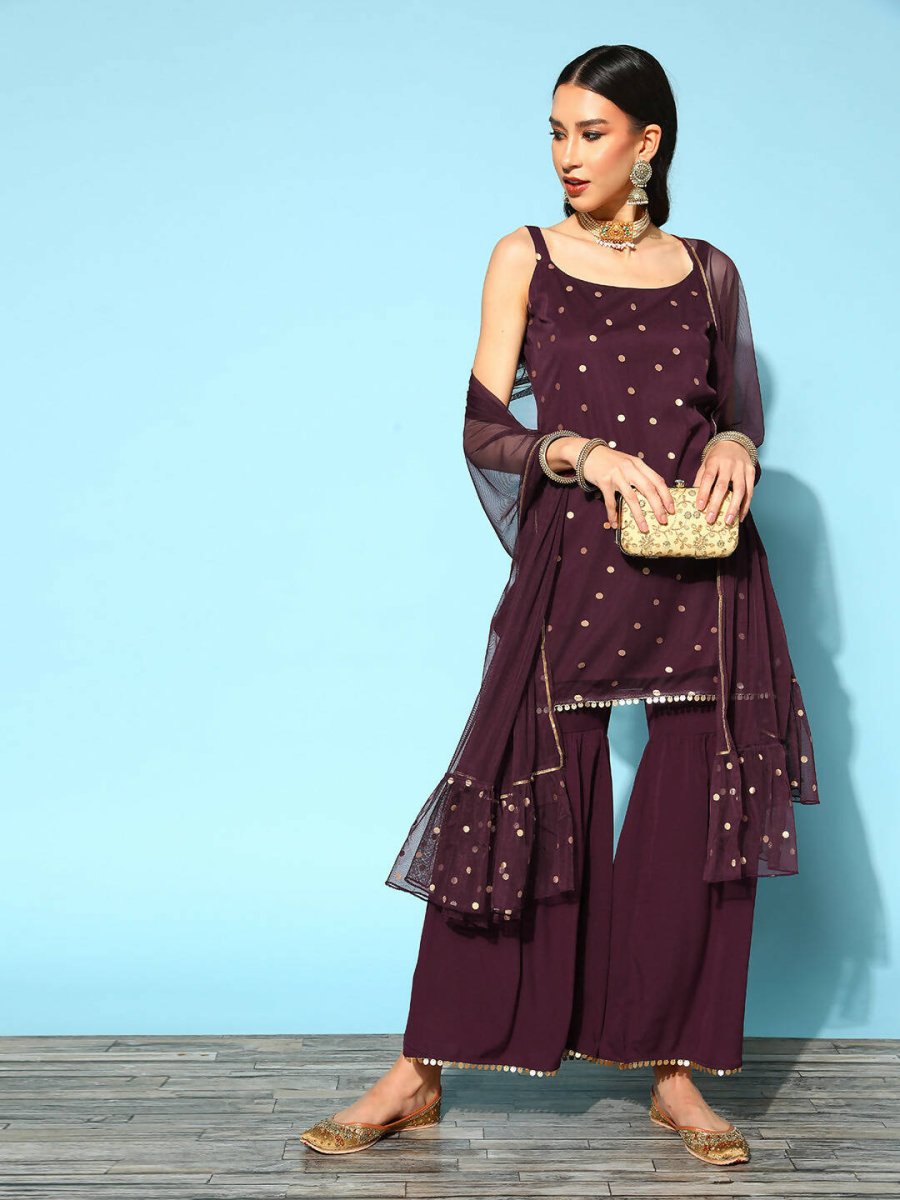 Ahalyaa Women Wine Colour Crepe Gold Printed Kurta Sharara Set - Distacart