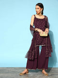 Ahalyaa Women Wine Colour Crepe Gold Printed Kurta Sharara Set - Distacart