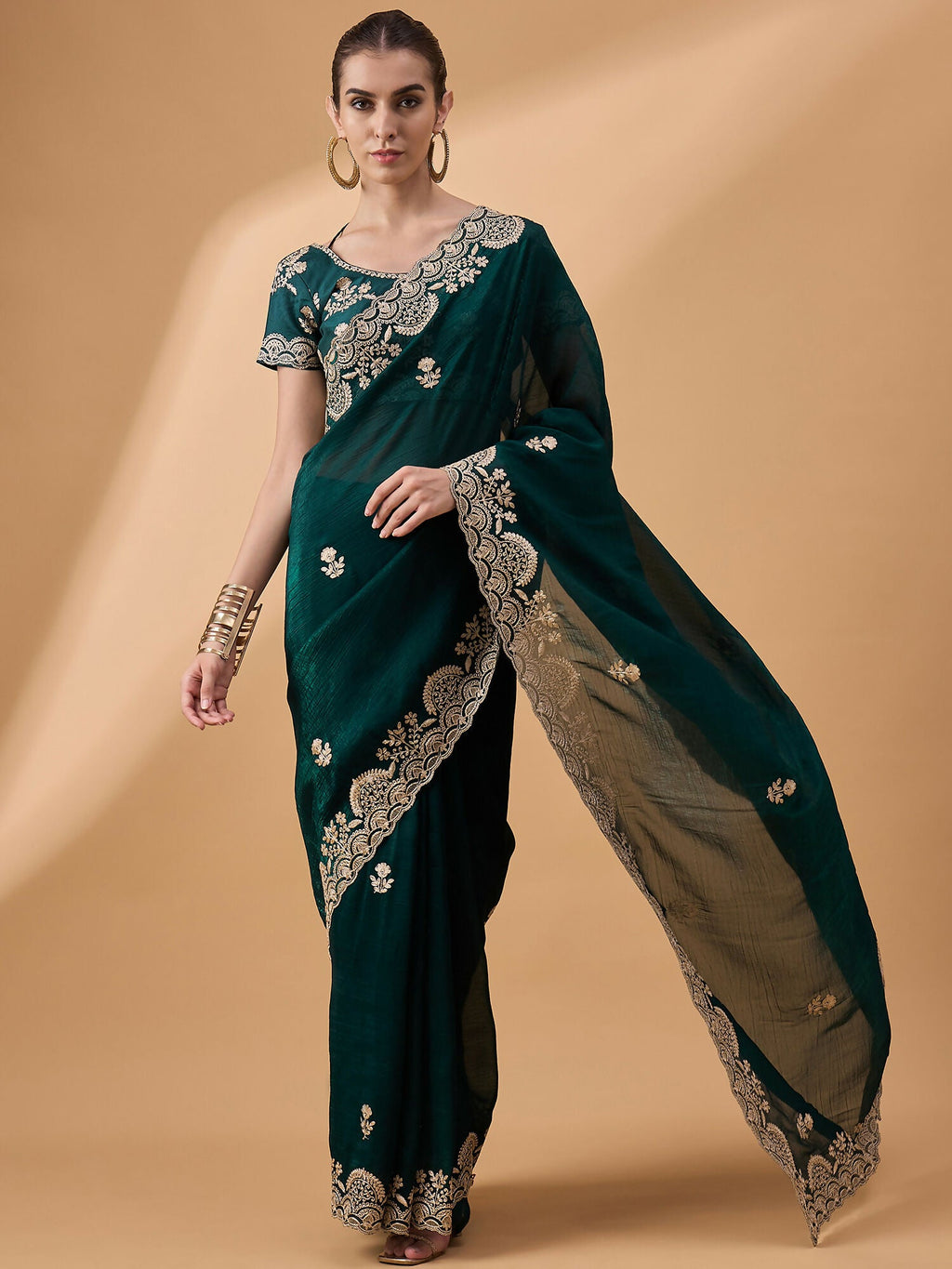Teal Silk Embroidered Saree with Unstitched Blouse Piece - Satya