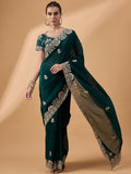Teal Silk Embroidered Saree with Unstitched Blouse Piece - Satya