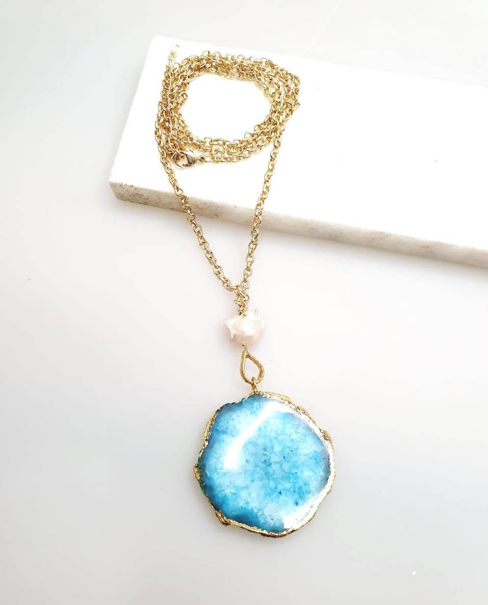 Bling Accessories Turquoise Agate Natural Stone Baroque Pearl Long Necklace