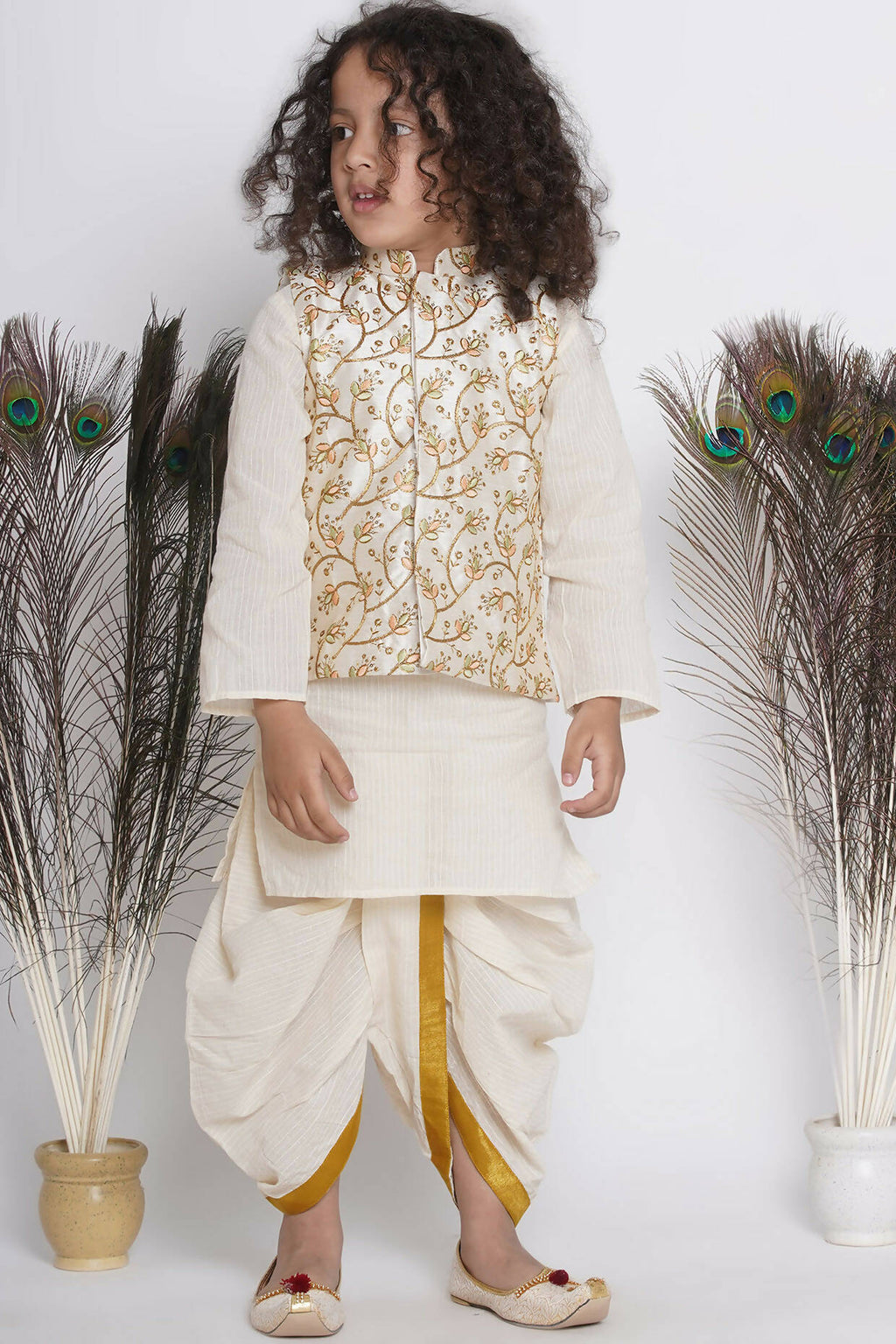 Little Bansi Banarsi Silk Floral Embroidery Jacket With Cotton Kantha kurta And Kantha Dhoti - Cream