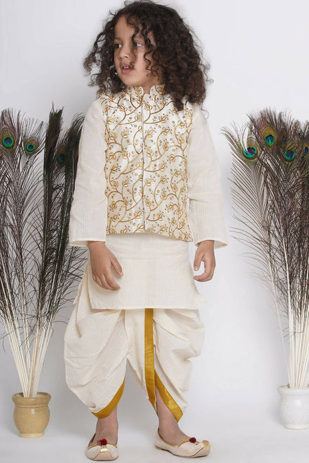 Little Bansi Banarsi Silk Floral Embroidery Jacket With Cotton Kantha kurta And Kantha Dhoti - Cream