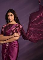 Purple Crepe Satin Silk Embroidered Saree With Stitched Blouse - Mohmanthan Exotica