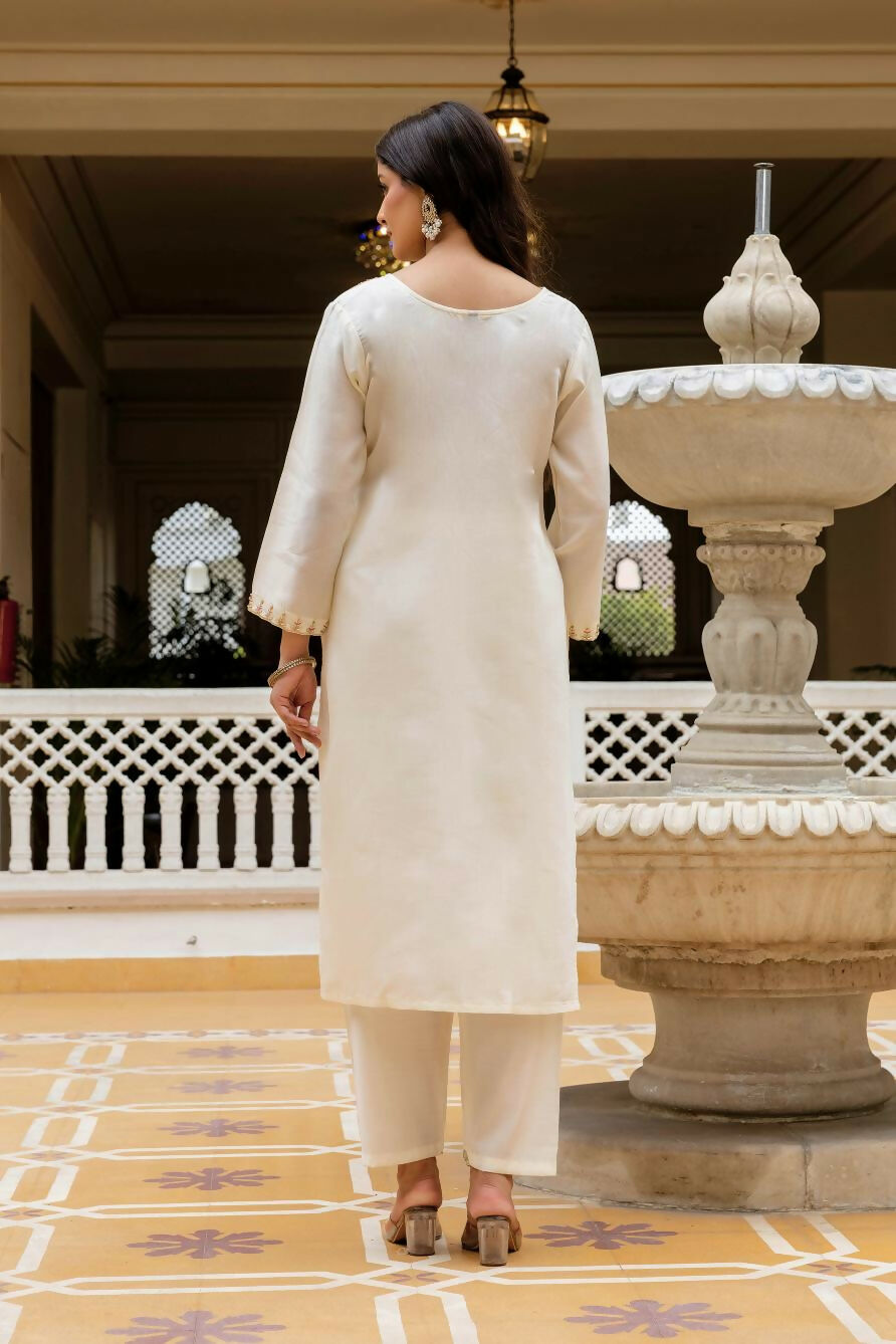 The52 White Women's Beautiful Viscose Chanderi Fabric Embroidered Work Straight Kurta Pant and Dupatta Set - Distacart