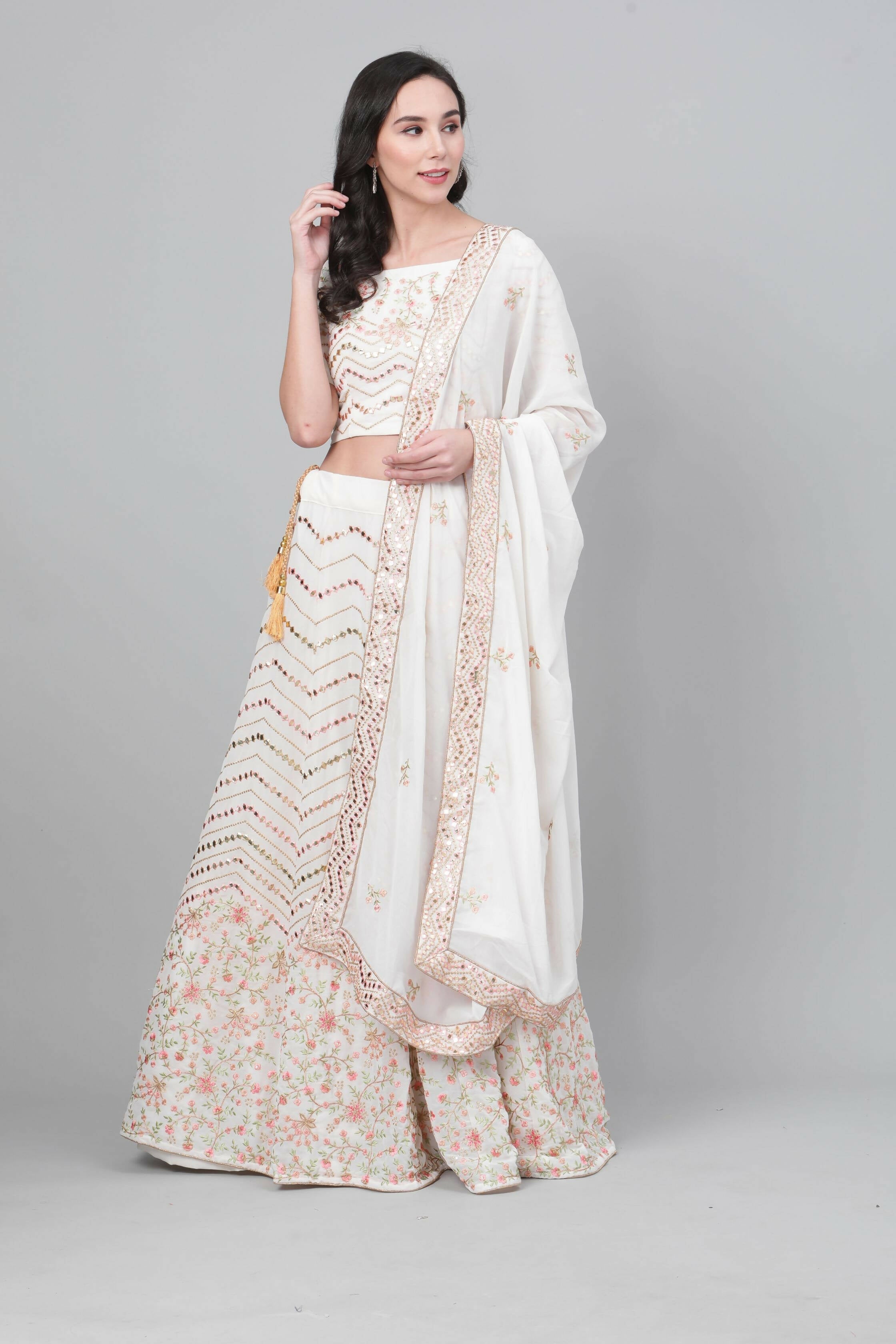 Pearl White Georgette Sequins Embroidery with Mirror work Lehenga Choli with Dupatta - Jivika