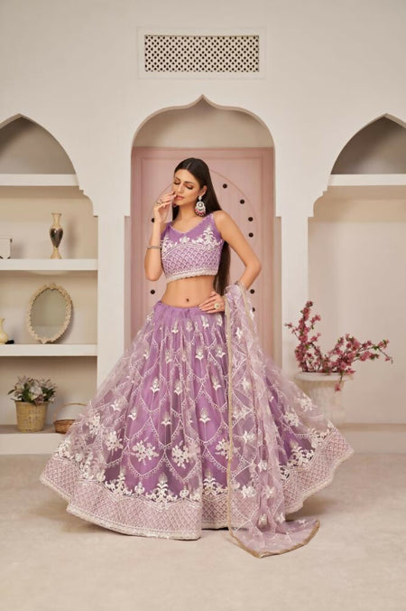 Aastha Fashion Lavender Butterfly Net White Cotton Thread Work, Zari Work And Sandwich Sequence Work Embroidery Wedding Wear Lehenga Choli