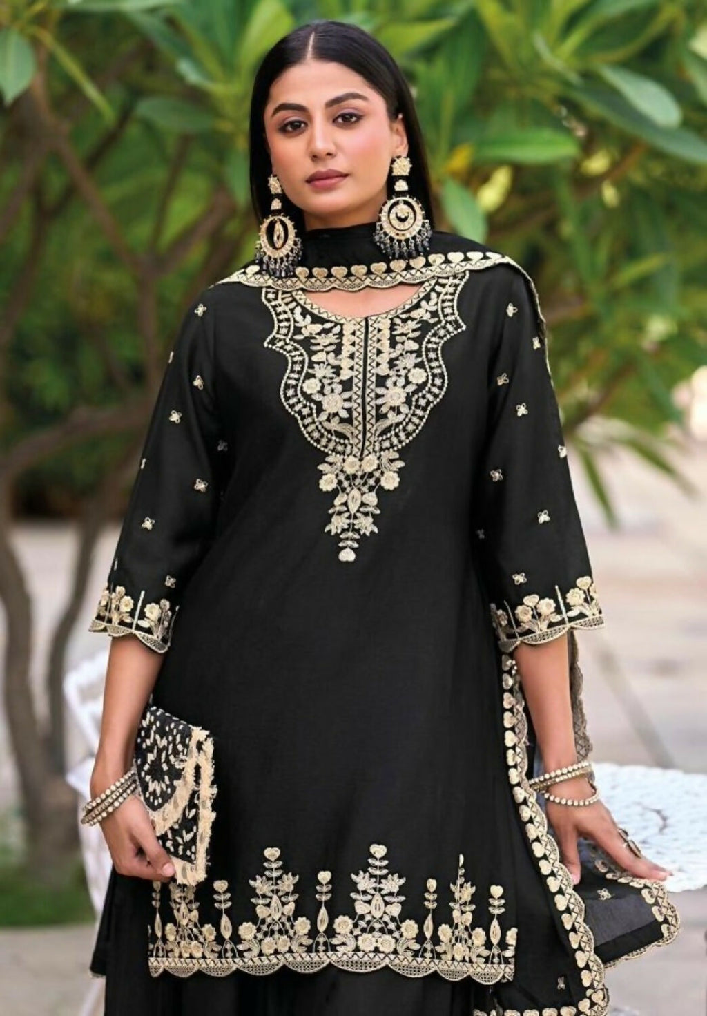 Anaita Black Chinon Readymade Palazzo Suit with Heavy Embroidery Work - Distacart