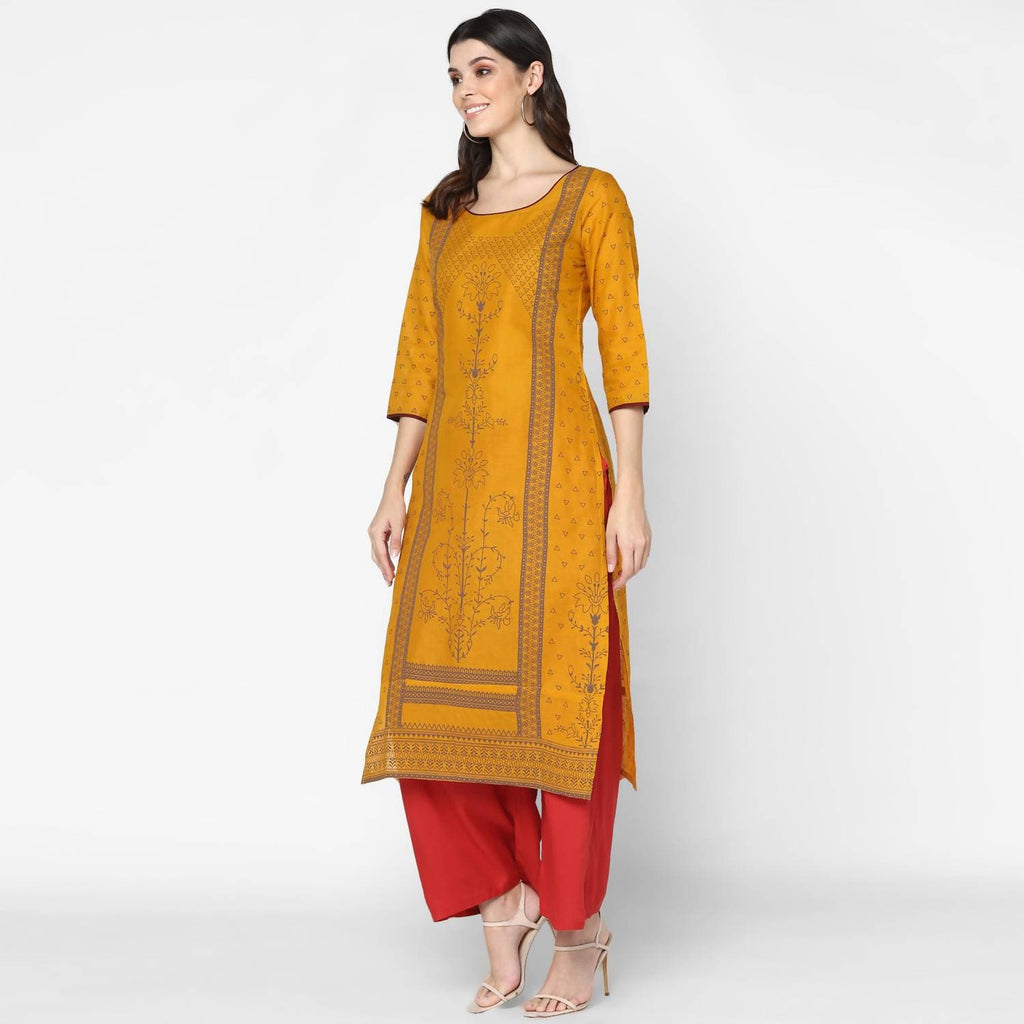 Cheera Hand Block Print Mustard & Red Straight Kurta With Palazzo (MAAI-071K)
