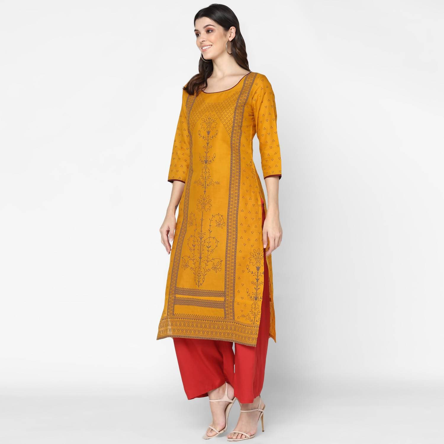 Cheera Hand Block Print Mustard & Red Straight Kurta With Palazzo (MAAI-071K)