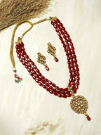 Gold-Plated White Maroon Kundan Studded Beaded Handcrafted Jewellery Set - Ruby Raang - Distacart