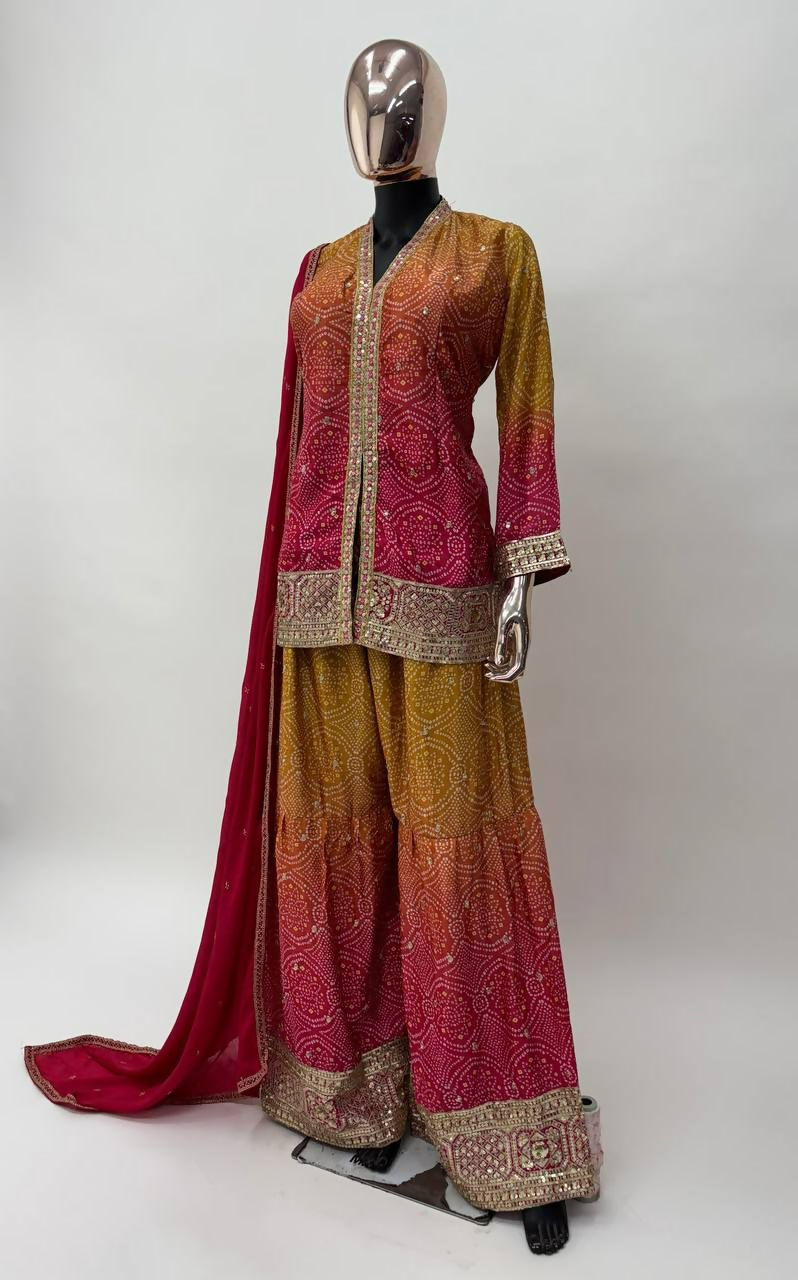 Lorenvalley Fashion Yellow and Pink Chinon Embroidery With Sequince Work Salwar Kameez Stitched