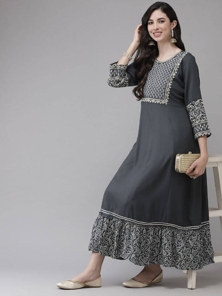 Yufta Grey Embroidered Ethnic Maxi Dress