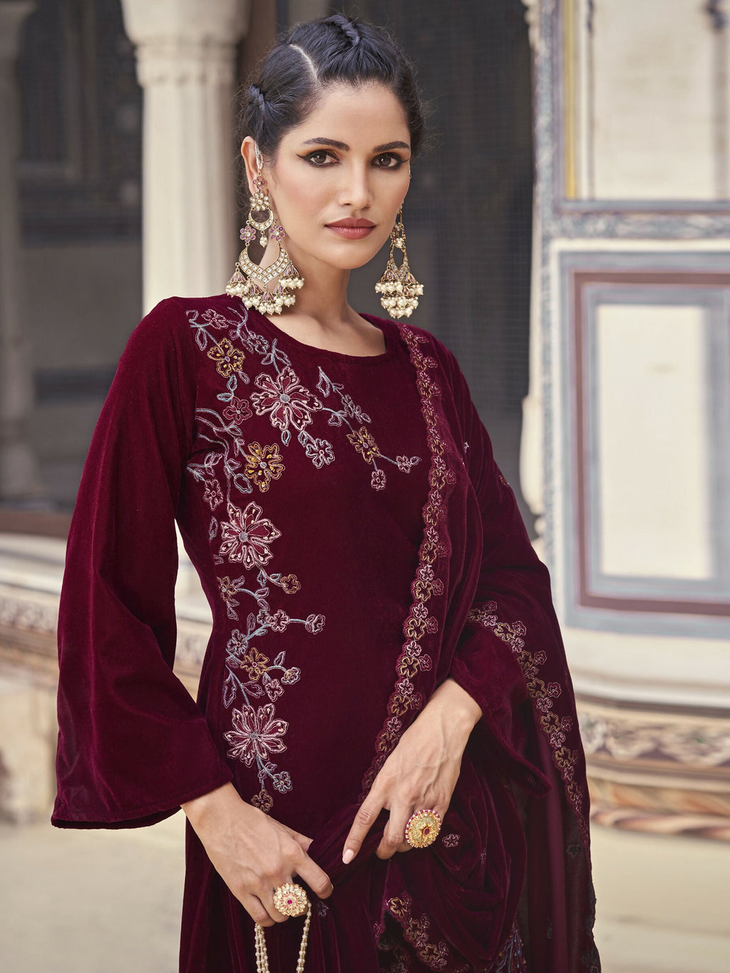 Jyoti Fashion Women's Maroon Velvet Resham Thread with Jari & Sequin Kurta with Trouser & Dupatta