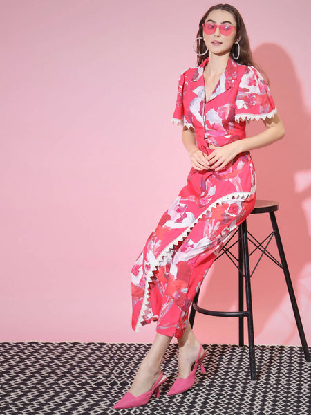 Myshka Women's Pink Shawl Neck Top With Trousers