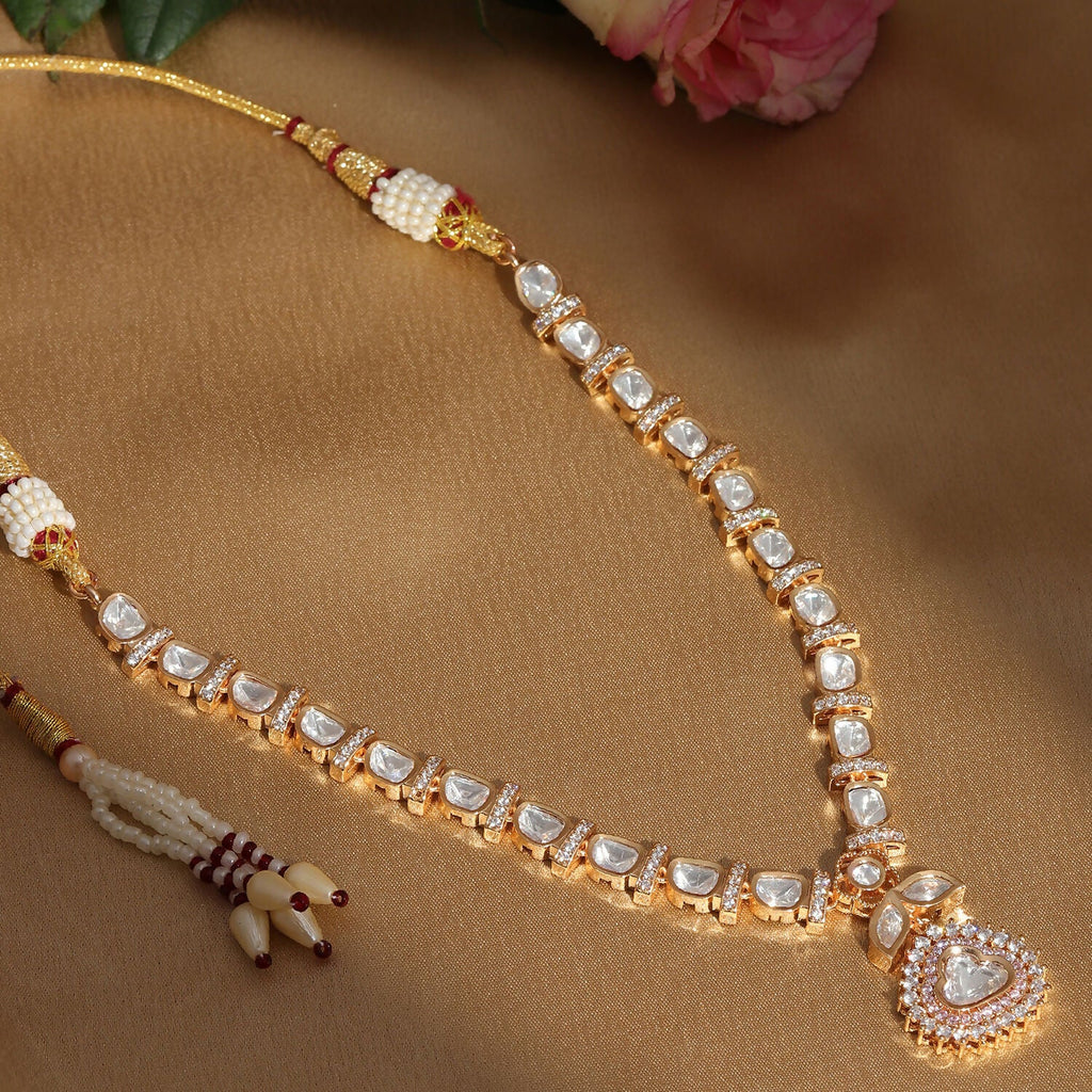 Gold and American Diamond Neckpiece with Pink Stone Center Piece (Gold) - Ruby Raang