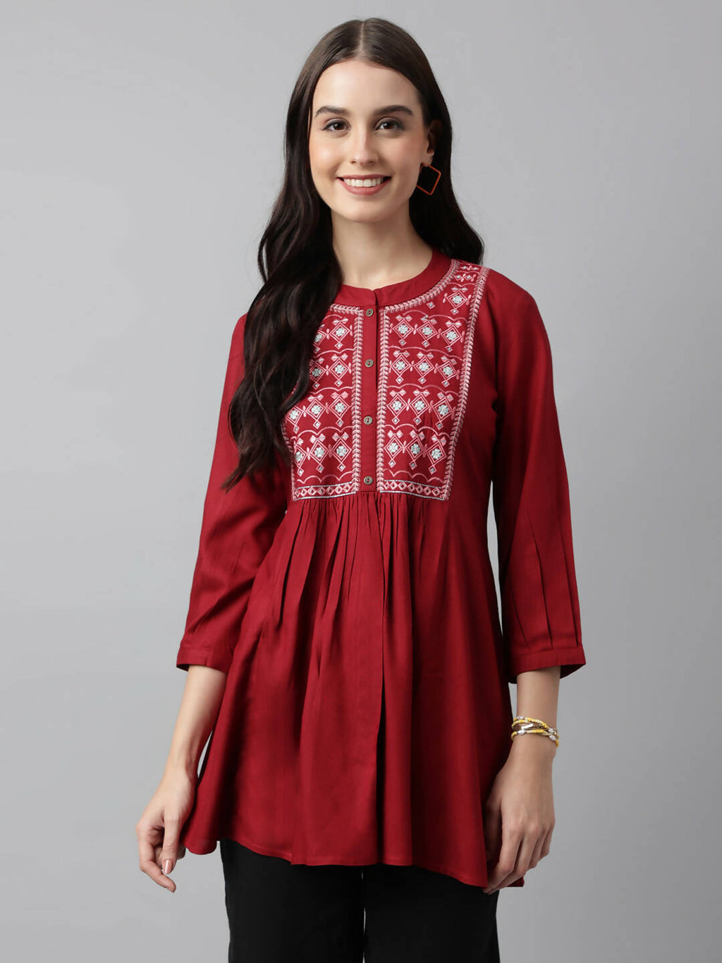 Red Rayon Yoke Embroidered A-line Top - Tarini
