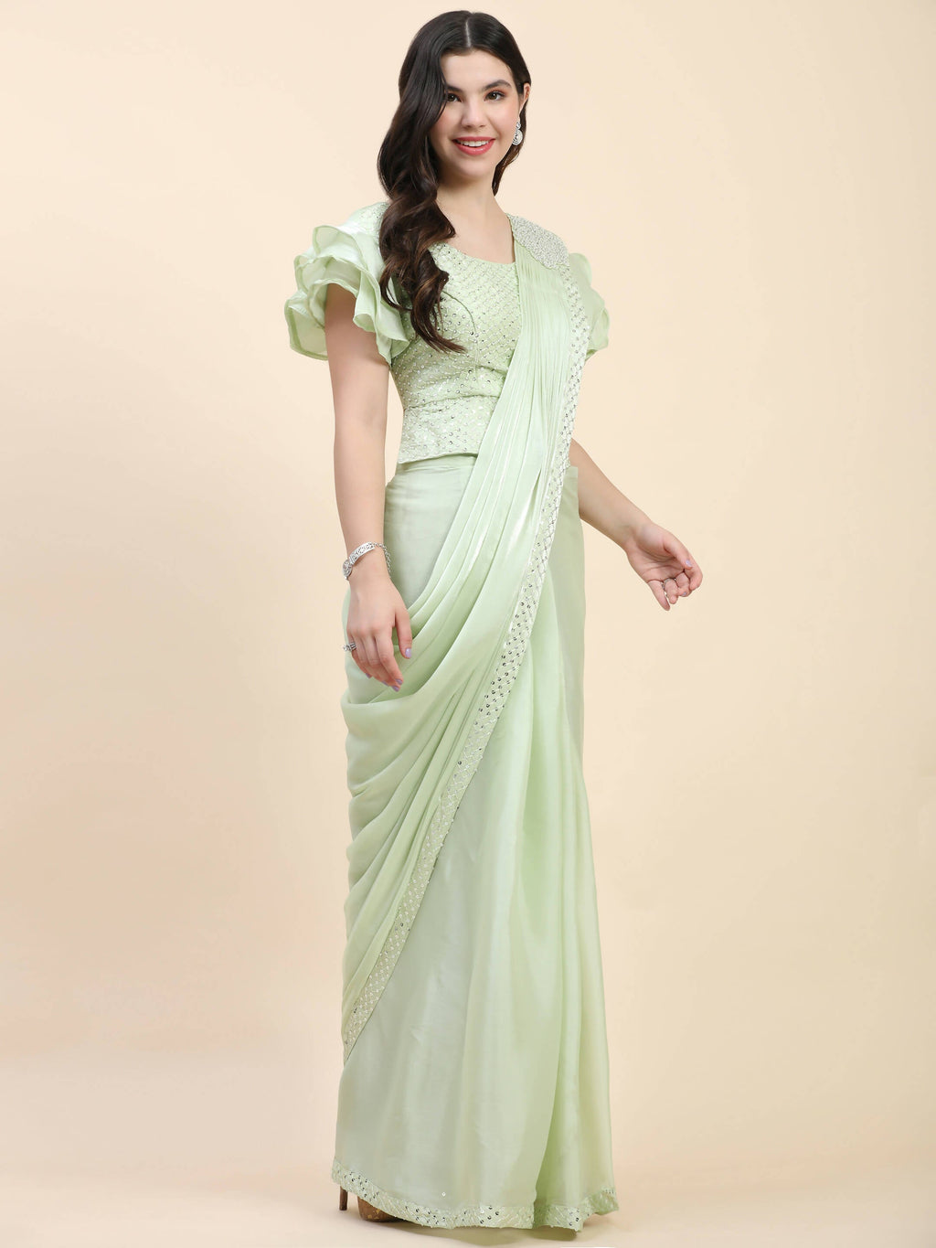 Light Green Silk Satin Sequence Work Ready to Wear Saree with stitched Blouse - Nirvana