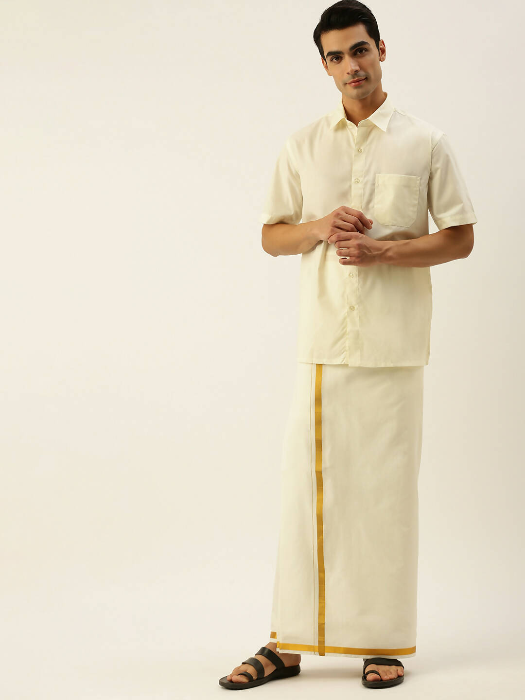 Ramraj Cotton Mens 1/2" Pure Cotton Dhoti Comes With Dhoti And Towel Set - Cream
