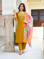 The52 Women's Beautiful Viscose Chanderi Fabric Embroidery Work Straight Kurta Pant and Dupatta Set - Distacart