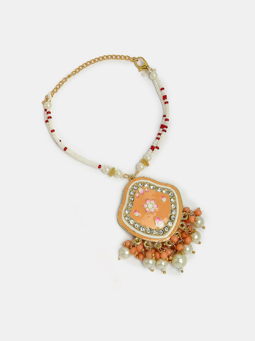 NVR Women & Men Set of 2 Peach Lotus Shape Kundan Stone-Studded & Beaded Bhaiya Bhabhi Rakhi With Roli Chawal - Distacart