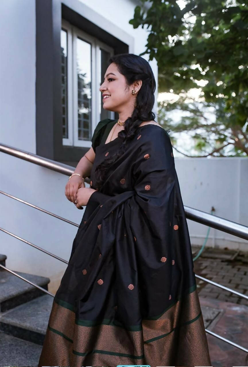 DEIANA'S Beautiful Designer Golden zari Soft Lichi Silk Saree - Black