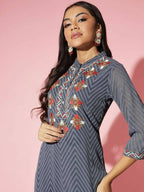 Myshka Women Grey Solid Georgette Straight V-Neck Kurtas - Distacart