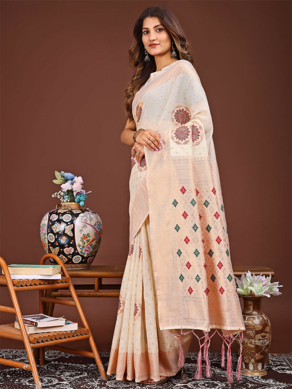 Shree Shyam Fashion Neerja White Linen Cotton Saree