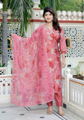 Miravan Women's Muslin Pink V-Neck Embroidered Kurta with Palazzo and Dupatta