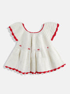 Chutput Kids Woollen Hand Knitted Full Sleeves Rosette Work Dress For Baby Girls - White