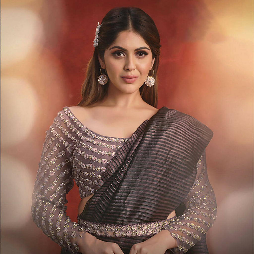 Lavender Banarasi Crush Silk Sequence Thread & Stone Work/ Texture Pallu Saree - Mohmanthan Kimiya