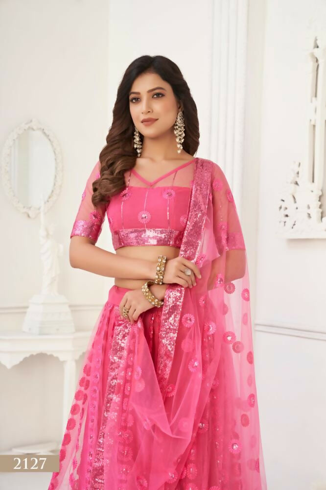 Aastha Fashion Bright Pink Butterfly Net Tone To Tone Thread Work And Sequence Work Embroidery Wedding Wear Lehenga Choli