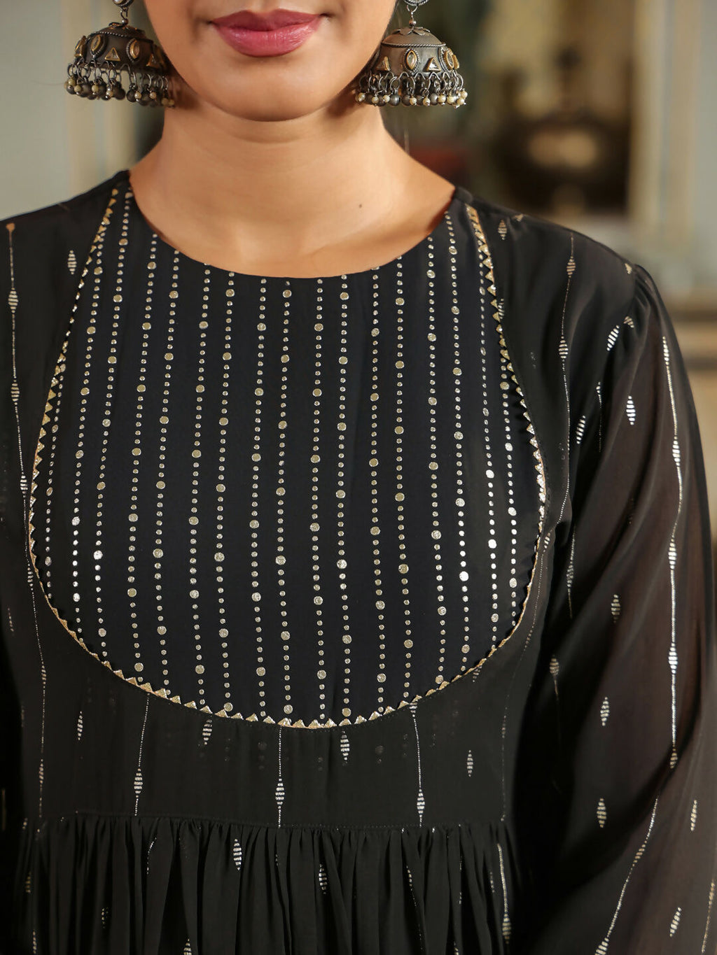 Janasya Black Georgette Foil Print Kurta,Bottom & Dupatta
