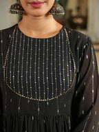 Janasya Black Georgette Foil Print Kurta,Bottom & Dupatta