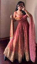 Teeya Creation Peach Fendi Silk Designer Heavy Work Wedding Wear Long Gown