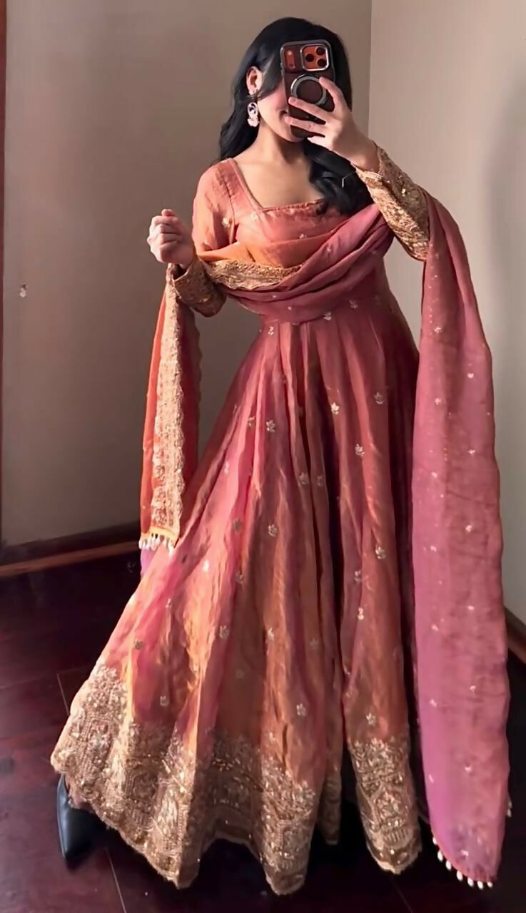 Teeya Creation Peach Fendi Silk Designer Heavy Work Wedding Wear Long Gown