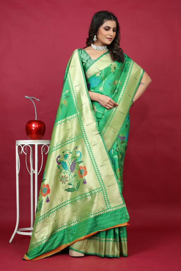 Jyoti Fashion Women's Green Paithani Silk Zari Woven Saree with Blouse